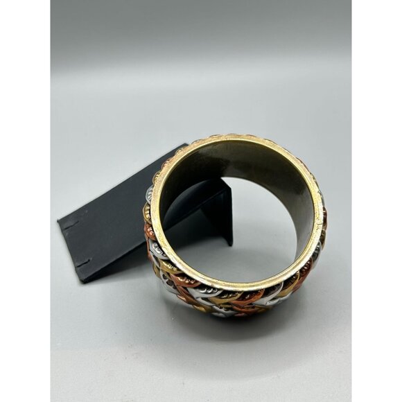 Mixed Metal Brass Copper Silver Tone Chevron Design Chunky Wide Bangle Bracelet - Picture 6 of 11